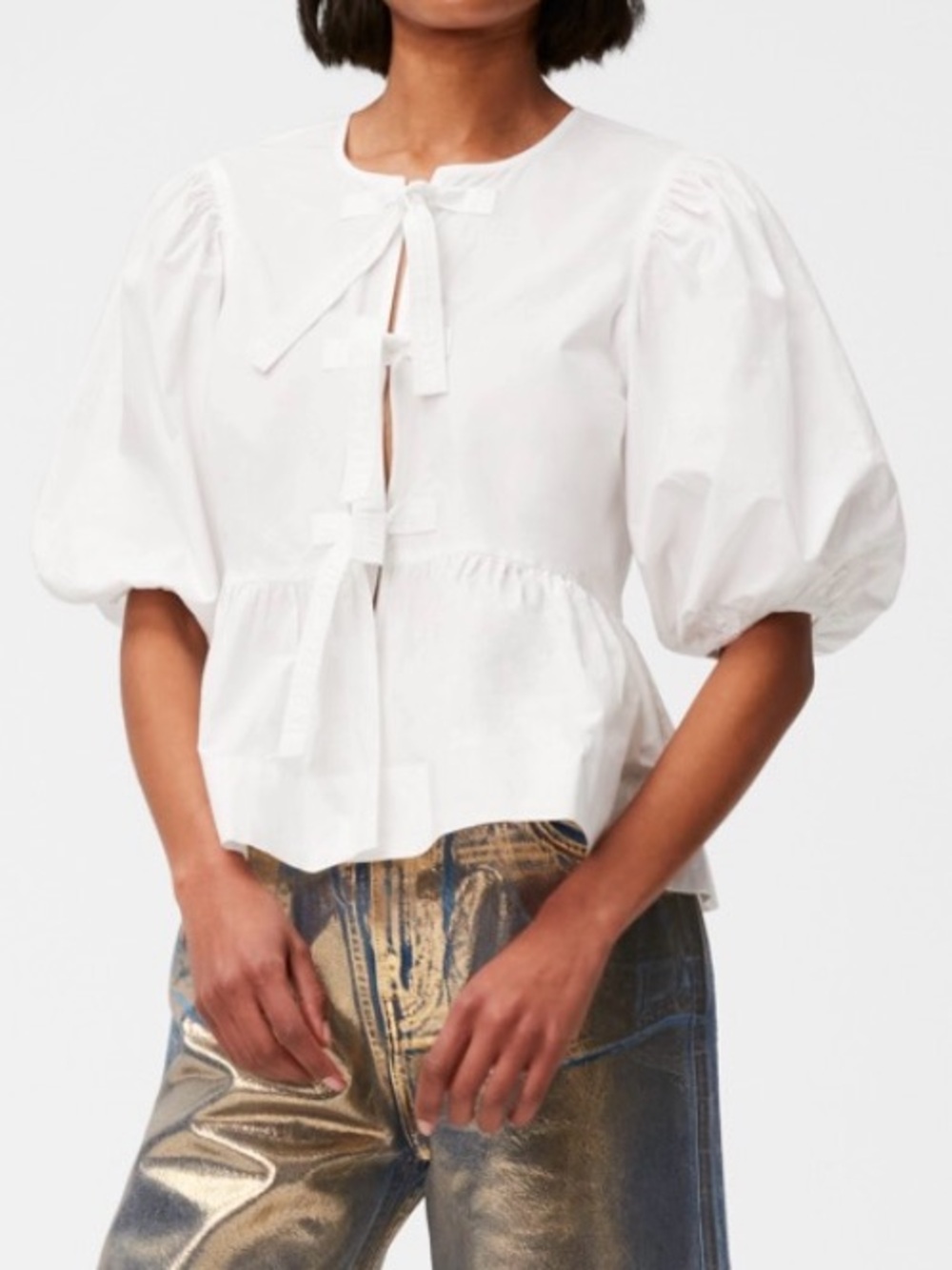 Ganni White Poplin Peplum Puff-Sleeve Tie-Front Blouse